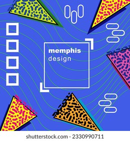 Abstract background square card with various geometric shapes ornaments and text space. Square wallpaper with geometric memphis style.