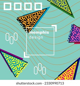 Tarjeta cuadrada de fondo abstracta con varios ornamentos de formas geométricas y espacio de texto. Papel cuadrado con estilo memphis geométrico.