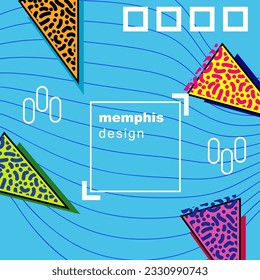 Abstract background square card with various geometric shapes ornaments and text space. Square wallpaper with geometric memphis style.