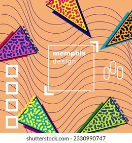 Abstract background square card with various geometric shapes ornaments and text space. Square wallpaper with geometric memphis style.