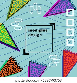 Abstract background square card with various geometric shapes ornaments and text space. Square wallpaper with geometric memphis style.