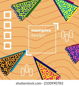 Abstract background square card with various geometric shapes ornaments and text space. Square wallpaper with geometric memphis style.