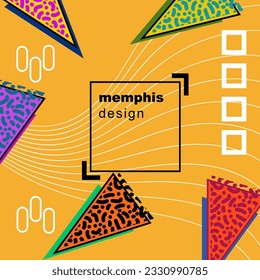 Tarjeta cuadrada de fondo abstracta con varios ornamentos de formas geométricas y espacio de texto. Papel cuadrado con estilo memphis geométrico.