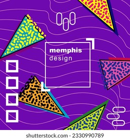 Abstract background square card with various geometric shapes ornaments and text space. Square wallpaper with geometric memphis style.