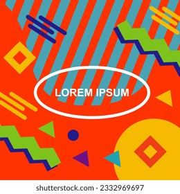 Abstract background square card with various geometric shapes ornaments and text space. Square wallpaper with geometric memphis style.