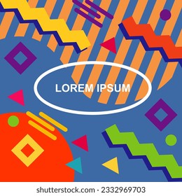 Abstract background square card with various geometric shapes ornaments and text space. Square wallpaper with geometric memphis style.