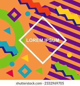Abstract background square card with various geometric shapes ornaments and text space. Square wallpaper with geometric memphis style.
