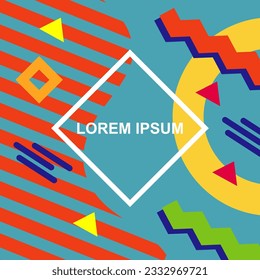 Abstract background square card with various geometric shapes ornaments and text space. Square wallpaper with geometric memphis style.