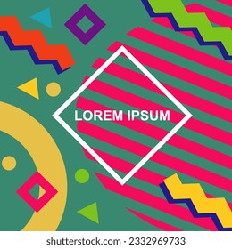Abstract background square card with various geometric shapes ornaments and text space. Square wallpaper with geometric memphis style.