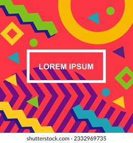 Abstract background square card with various geometric shapes ornaments and text space. Square wallpaper with geometric memphis style.