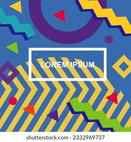 Abstract background square card with various geometric shapes ornaments and text space. Square wallpaper with geometric memphis style.