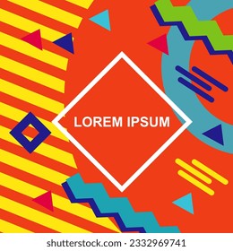 Abstract background square card with various geometric shapes ornaments and text space. Square wallpaper with geometric memphis style.