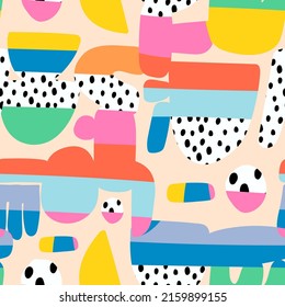 Abstract background. Square seamless Pattern. Hand drawn various shapes. Contemporary modern art. Trendy colorful Vector illustration. Bright colors. Poster, wallpaper template