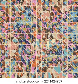 Abstract background with squares. Brown, orange, blue and yellow square and triangle geometric textured pattern.