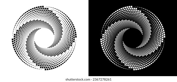 Abstract background with squares in circle. Art design spiral as logo or icon. A black figure on a white background and an equally white figure on the black side.