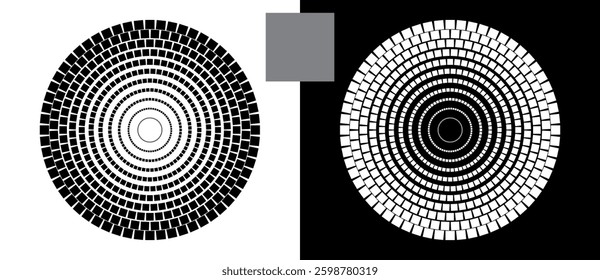 Abstract background with squares in circle. Art design element as logo or icon. A black figure on a white background and an equally white figure on the black side.