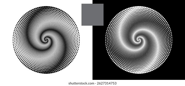 Abstract background with squares in circle. Art design spiral as logo or icon. A black figure on a white background and an equally white figure on the black side.