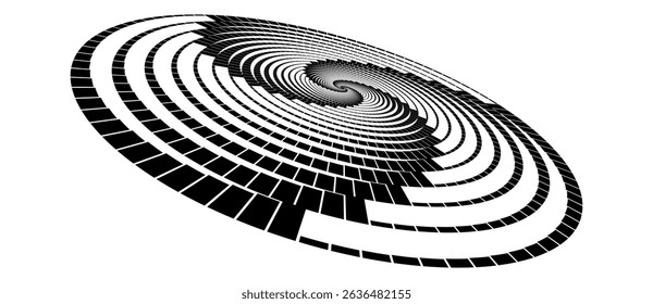 Fondo Abstractas con cuadrados en círculo. Espiral de diseño de arte como logotipo o icono. Una figura negra sobre un fondo blanco. Vista de Perspectiva.