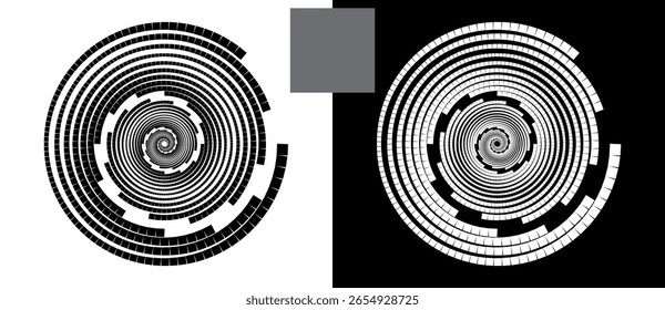 Fondo Abstractas con cuadrados en círculo. Espiral de diseño de arte como logotipo o icono. Una figura negra sobre un fondo blanco y una figura igualmente blanca en el lado negro.