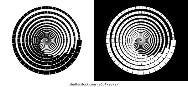 Fundo abstrato com quadrados em círculo. Espiral de design de arte como logotipo ou ícone. Uma figura preta sobre um fundo branco e uma figura igualmente branca no lado preto.