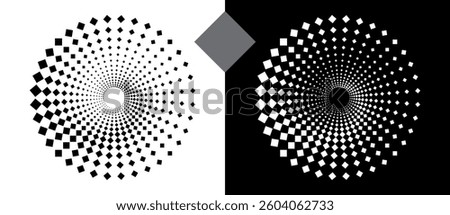 Abstract background with squares in circle. Art design spiral as logo or icon. A black figure on a white background and an equally white figure on the black side.