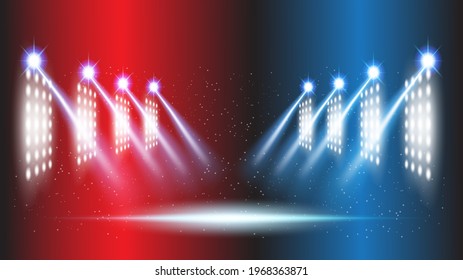 Abstract background stadium stage hall with scenic lights of round futuristic technology user interface Blue vector lighting empty stage spotlight background.