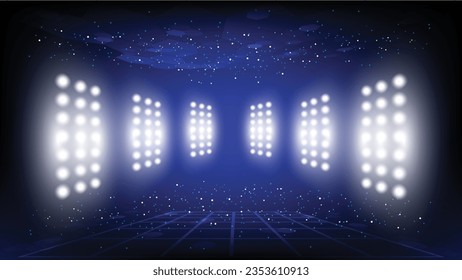 Abstract background stadium stage hall with scenic lights of round futuristic technology user interface Blue vector lighting empty stage spotlight background.