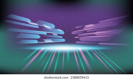 Abstract background stadium stage hall with scenic lights of round futuristic technology user interface Blue vector lighting empty stage spotlight background.