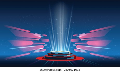 Abstract background stadium stage hall with scenic lights of round futuristic technology user interface Blue vector lighting empty stage spotlight background.