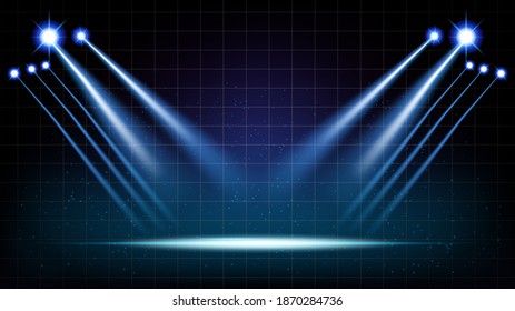 Abstract background stage hall with scenic lights of round futuristic technology user interface Blue vector lighting empty stage spotlight background.