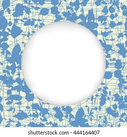 Abstract background with stained canvas texture. Paper cut out, white shape with place for text. Frame with seamless pattern on backdrop. Template for greeting card, art supplies shop label or poster