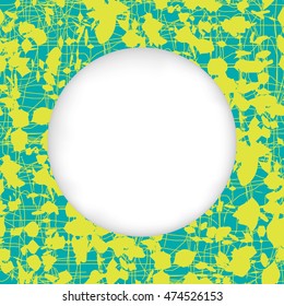 Abstract background with stained canvas texture. Paper cut out, white shape with place for text. Frame with seamless pattern on backdrop. Template for greeting card, art supplies shop label or poster