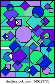 Abstract background in stained glass style. Blue, purple, violet and green.  Stained glass window