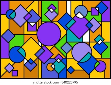 Abstract background in stained glass style. Yellow, blue, brown, purple and green.  Stained glass window.