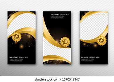Abstract background stand banners with copy space, swoosh, sprinkle, clean and elegant designs. Vector golden and black abstract background set. Vertical advertising business banner photo template