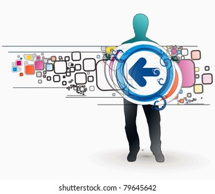 Abstract background, standing a young boy showing a right direction. Vector illustration.