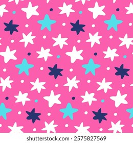 Abstract background. Star seamless pattern on pink. Hand drawn ornament for baby shower products design. Simple repeat print for baby girls clothes fabric and kids winter coat. Star nursery wallpaper.