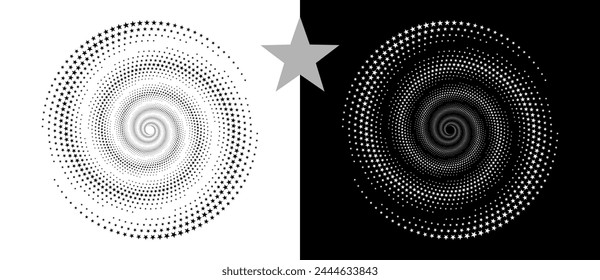 Abstract background with stars in circle. Art design spiral as logo or icon. Yin and Yang concept. A black figure on a white background and an equally white figure on the black side.