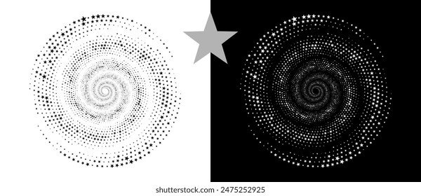 Abstract background with stars in circle. Art design spiral as logo or icon. Yin and Yang concept. A black figure on a white background and an equally white figure on the black side.