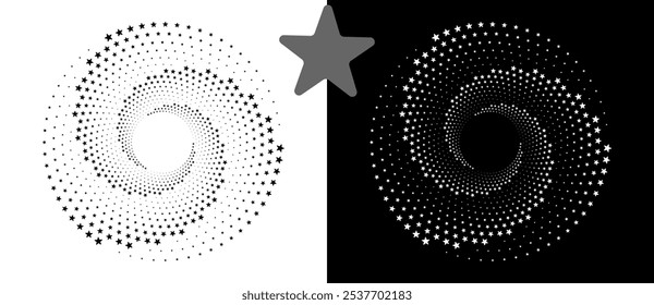 Fondo Abstractas con estrellas en círculo. Espiral de diseño de arte como logotipo o icono. Una figura negra sobre un fondo blanco y una figura igualmente blanca en el lado negro.