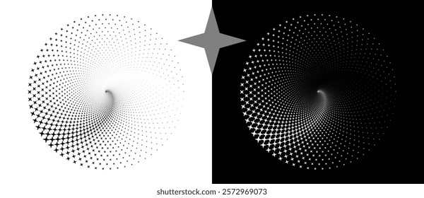 Abstract background with stars in circle. Art design spiral as logo or icon. A black figure on a white background and an equally white figure on the black side.