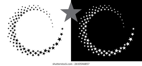 Abstract background with stars in circle. Art design spiral as logo or icon. A black figure on a white background and an equally white figure on the black side.