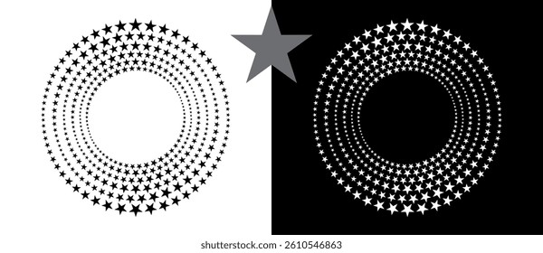 Abstract background with stars in circle. Art design spiral as logo or icon. A black figure on a white background and an equally white figure on the black side.