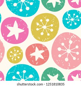 Abstract background with stars and circles. Seamless vector pattern with old paper texture .