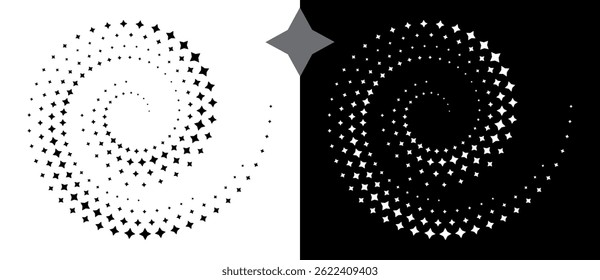 Fundo abstrato com estrelas em espiral. Design de arte c como logotipo ou ícone. Uma figura preta sobre um fundo branco e uma figura igualmente branca no lado preto.