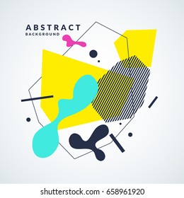 Abstract background with straight lines, splashes and geometric objects in minimalistic flat style on a light background. Bright vector illustration