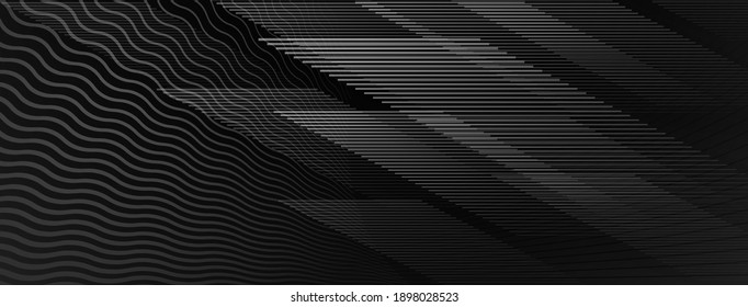 Abstract background of straight and wavy intersecting lines in black and gray colors