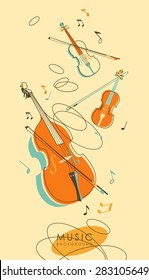 Abstract background with stringed musical instruments violins, cello in vintage sketch style