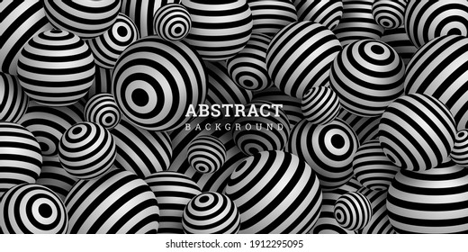 Antecedentes abstractos con esferas 3D rayadas. Fondo geométrico blanco y negro con bolas. Ilustración vectorial con un estilo realista. Banner horizontal. Afiche de diseño moderno, volante, papel pintado. Existencias.