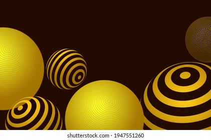 Abstract background with striped 3d spheres, yellow and black. Background with with text box, template for banner, cover, leaflet, invitation.